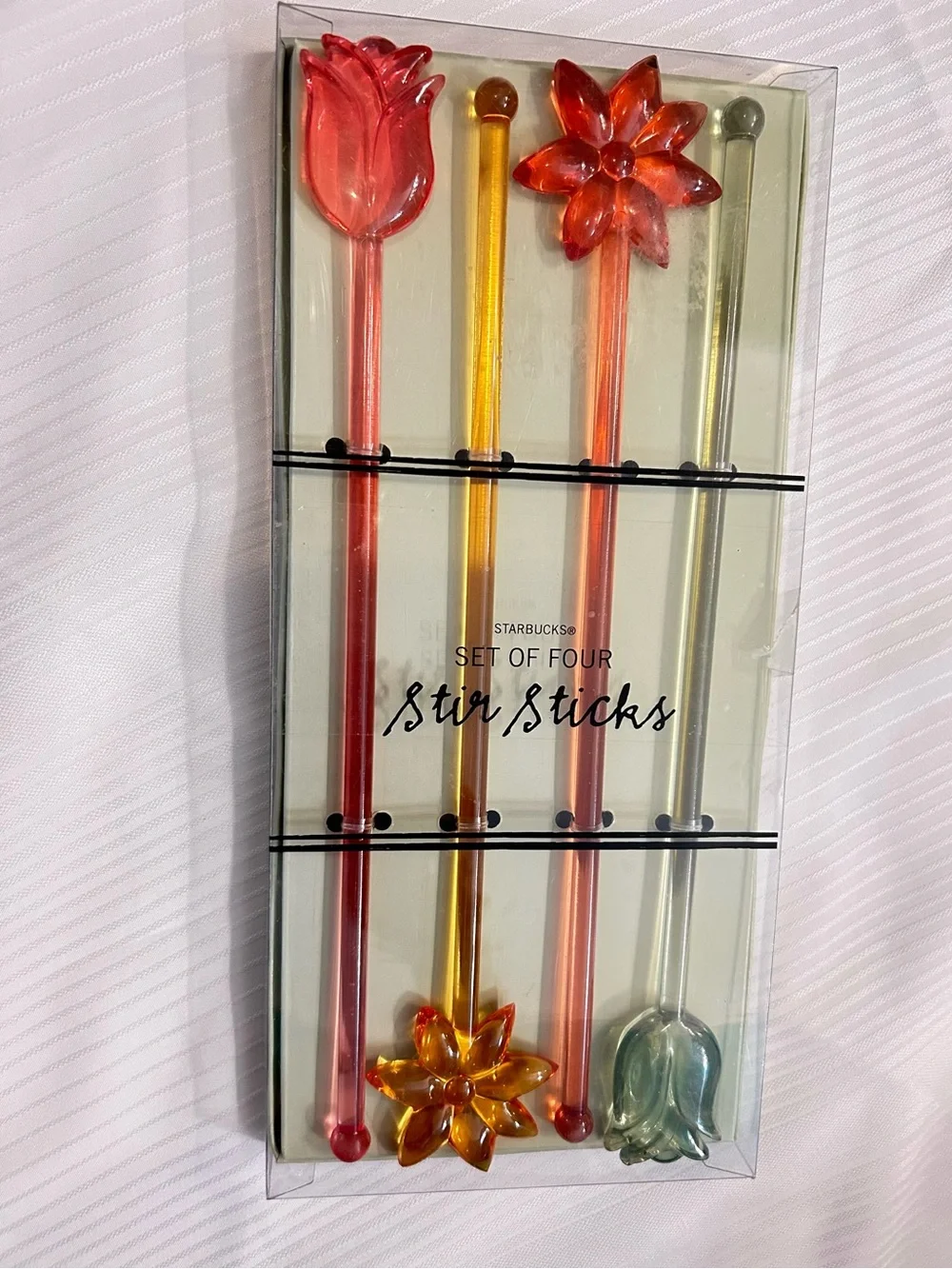 Starbucks 4 Pcs Translucent Floral Stir Sticks - Red, Orange, Yellow, Green New